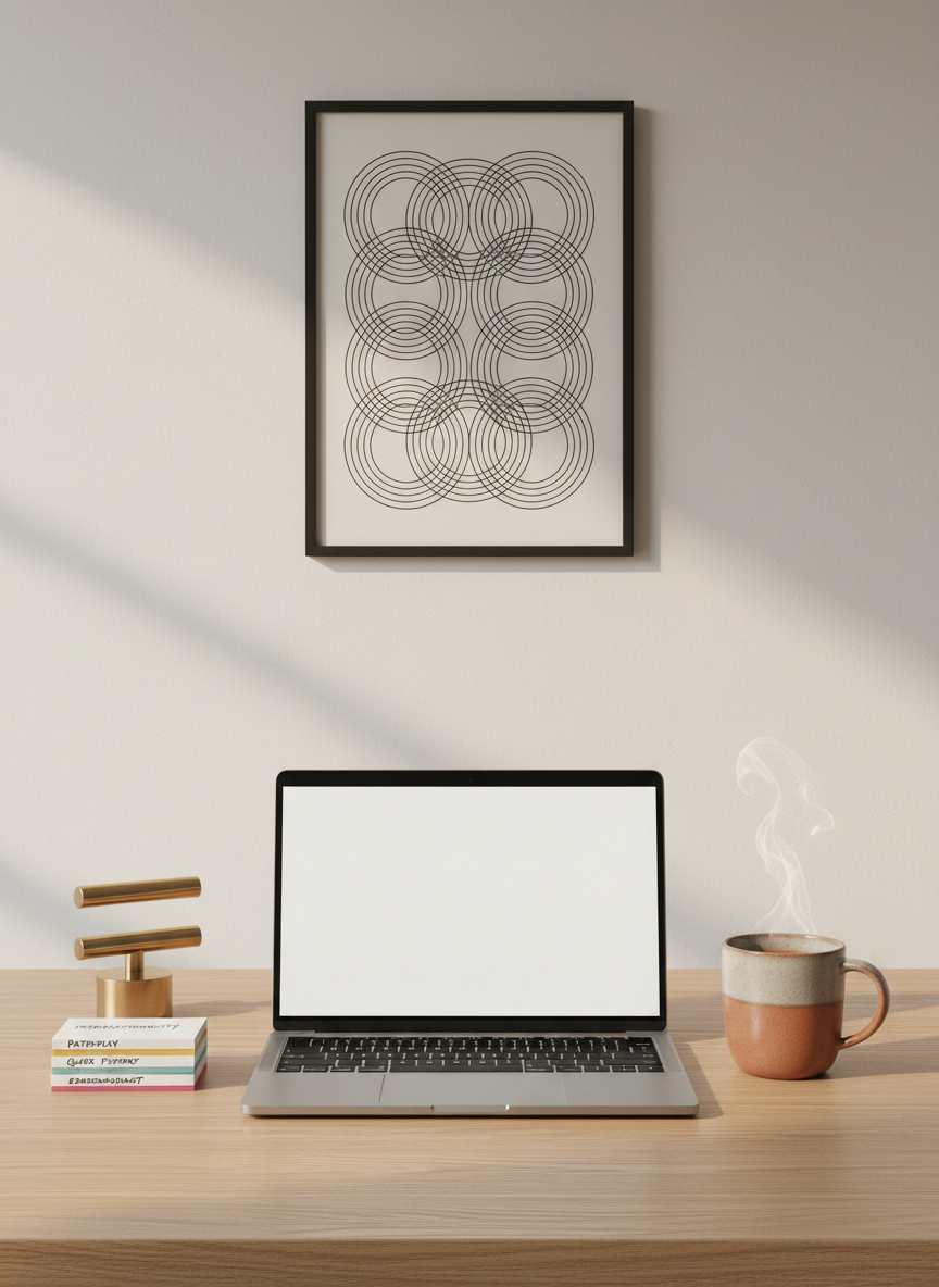 A refined workspace for deep feminist writing, centered on a slim silver laptop displaying a blank document, placed on a pale oak desk with visible fine grain. To the right sits a stoneware mug in a muted terracotta glaze, a thin spiral of steam rising from the surface. On the left, a neat stack of color-coded index cards labeled with handwritten chapter themes rests against a minimalist brass paperweight shaped like an abstract equality sign. Behind, a matte-white wall features a single framed line-art poster of interlocking circles. Morning light streams in diagonally from an unseen window, creating crisp yet gentle shadows and a focused pool of brightness around the keyboard. Photographic realism, eye-level perspective, modern and uncluttered, conveying disciplined thought, clarity, and quiet determination.