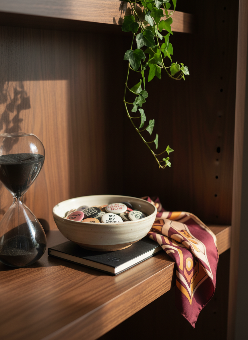 A carefully curated collection of symbolic objects representing intersectional feminism displayed on a smooth, dark walnut shelf. A heavy, textured glass hourglass with fine black sand stands beside a ceramic bowl holding vintage protest buttons with faded yet legible slogans about equality and autonomy. Nearby, a folded silk scarf in maroon, mustard, and cream geometric patterns rests under a slim, matte-black hardcover notebook embossed with a subtle, small equality symbol. A trailing ivy plant cascades from an unseen pot above, its leaves catching soft, diffused late-morning light from the right, casting intricate shadows across the wood grain. Photographic realism, shot at a slight angle with shallow depth of field, foreground elements in sharp focus, creating a sophisticated, contemplative mood that invites slow, thoughtful viewing.
